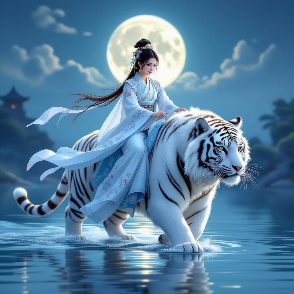 Hanfu Woman Rides White Tiger on Water