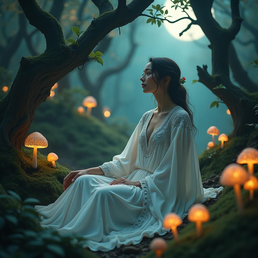 Mystical Forest Woman in Flowing White Robes