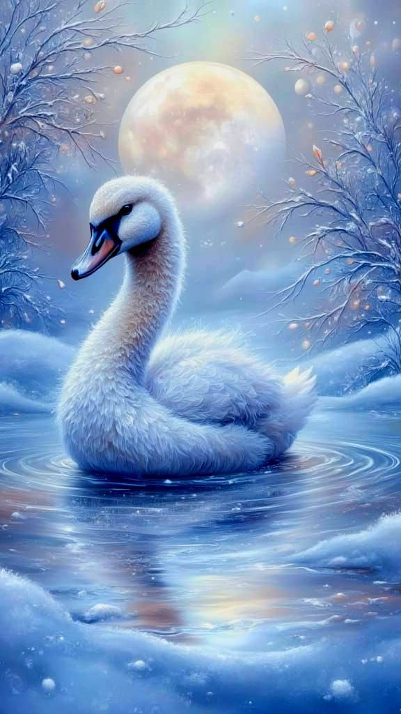 Swan Cygnet Gliding on Winter Pond in Fluid Art Style