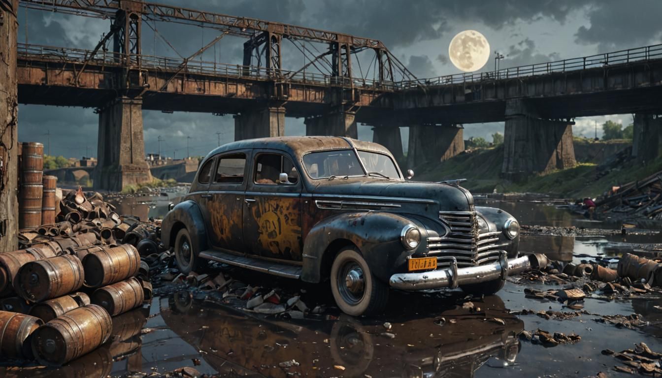 Dieselpunk Limousine on Ruined Bridge at Night