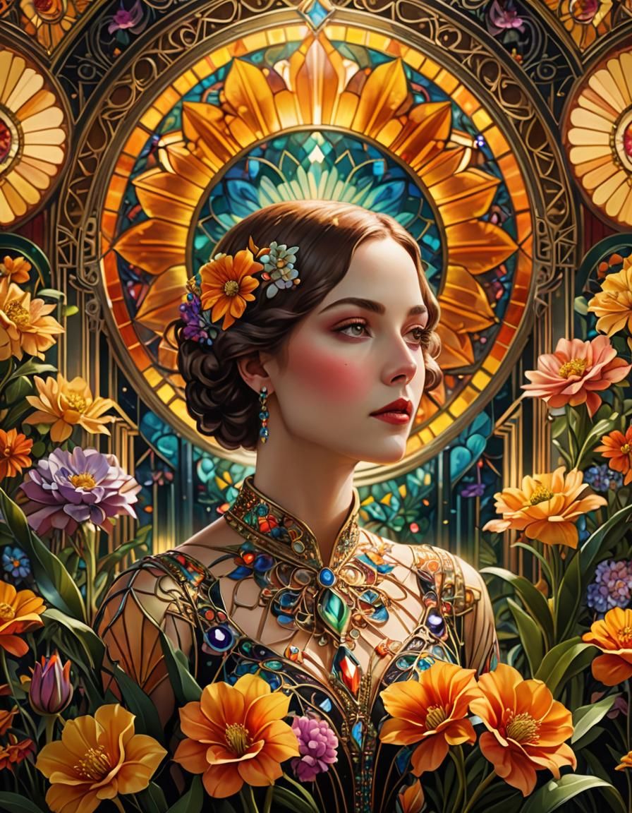 Art Deco Woman Surrounded by Flowers