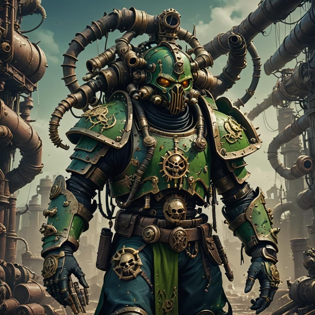 Plague Marine with Pipes: Detailed Fantasy Art