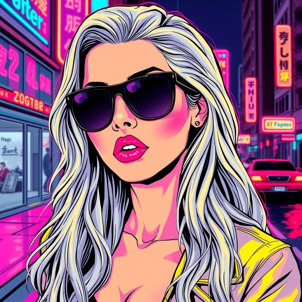 Cyberpunk Woman with Silver Hair in Neon Cityscape