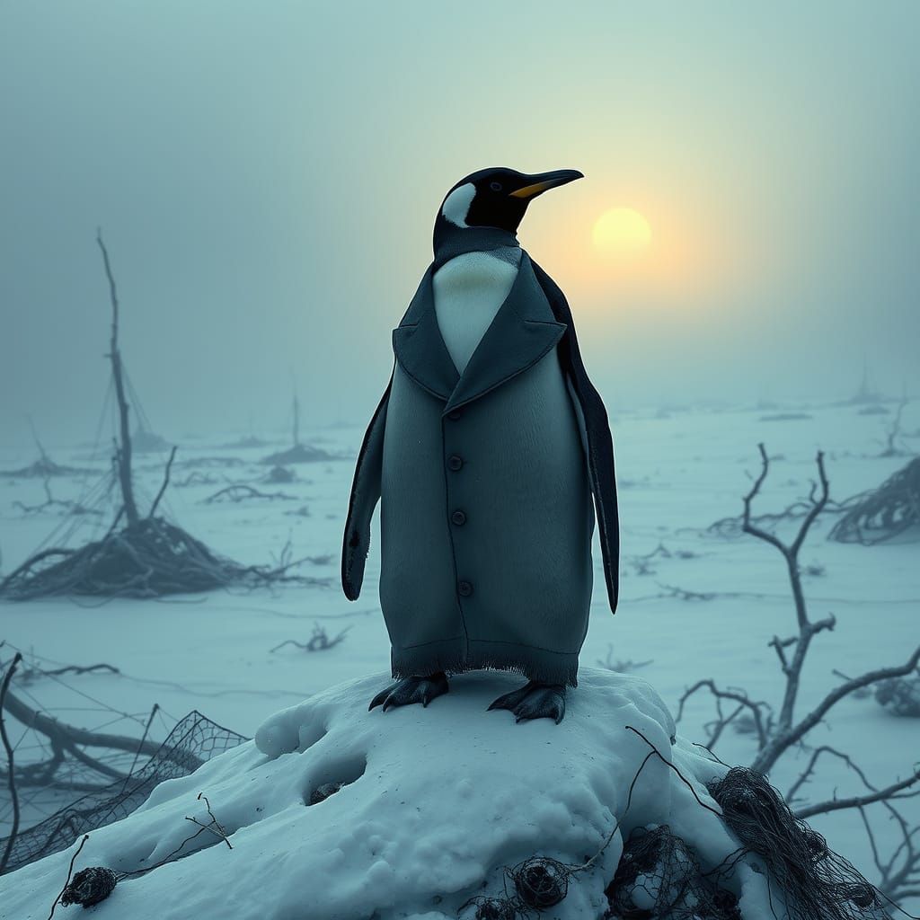 Penguin Amidst a Futuristic Apocalypse in Dark Surreal Lands...