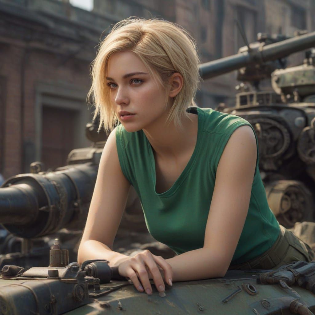 Blonde Girl Sits on Tank Turret in Hyper-Realistic 3D Digita...