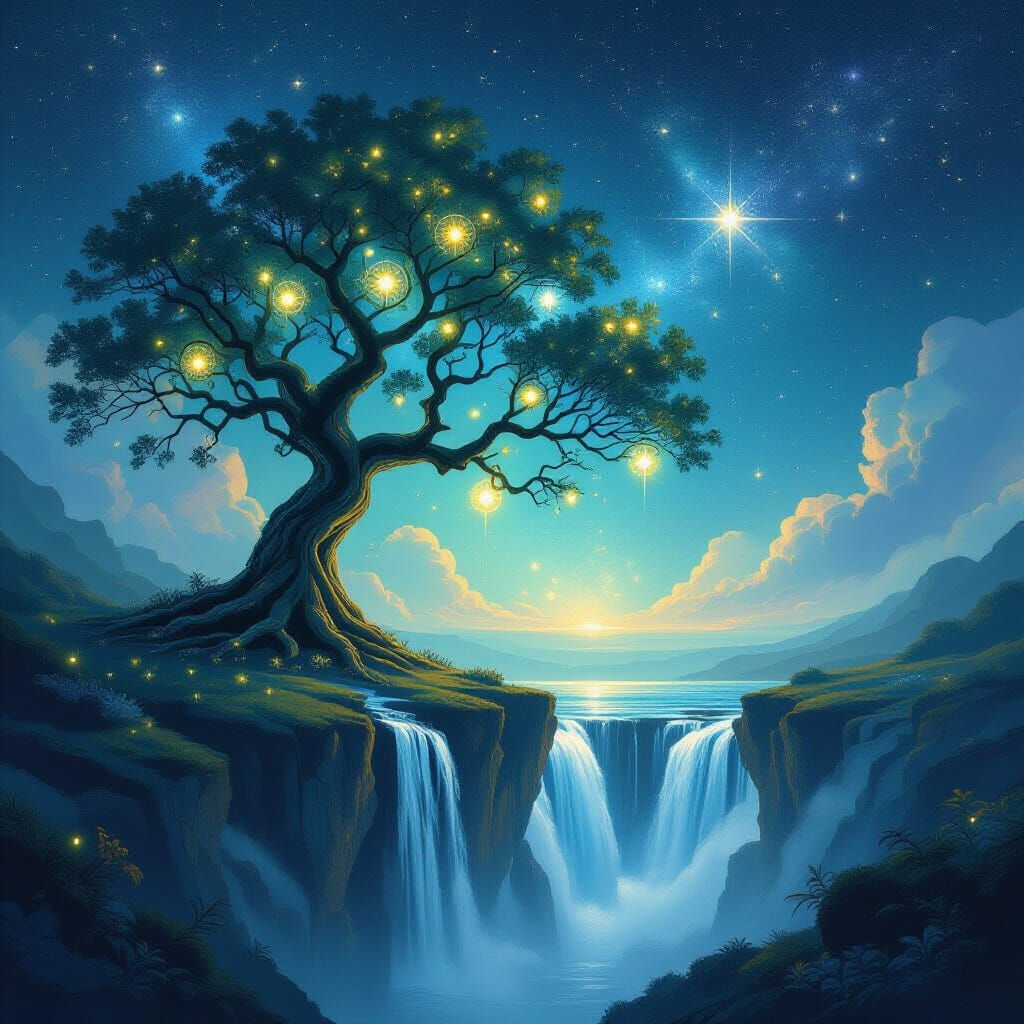 Ancient Tree Adorned With Starlight Orbs Over Otherworldly A...