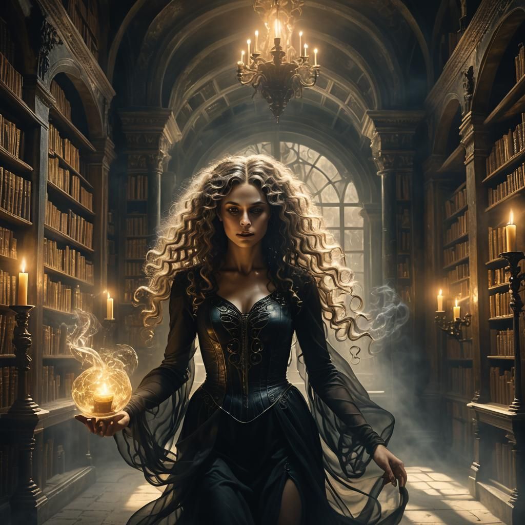 Ethereal Ghost in Ancient Library, Surreal Oil Painting