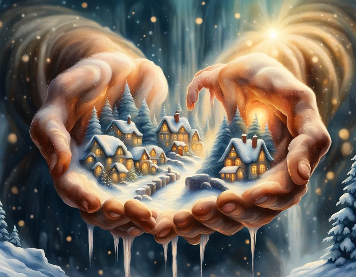Winter Village in Stone Hands: Watercolor Fantasy