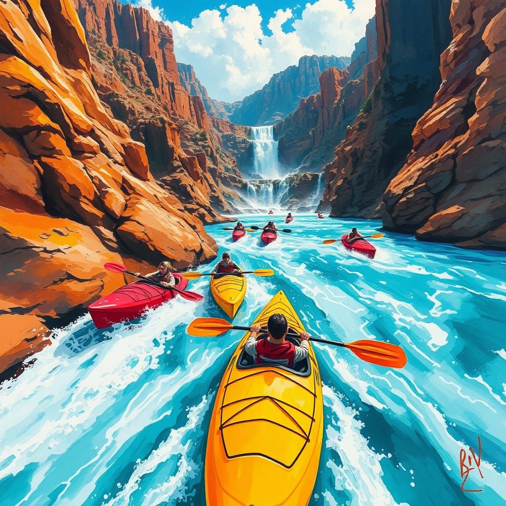 Kayaks Conquer Canyon Rapids: Ink Wash Painting