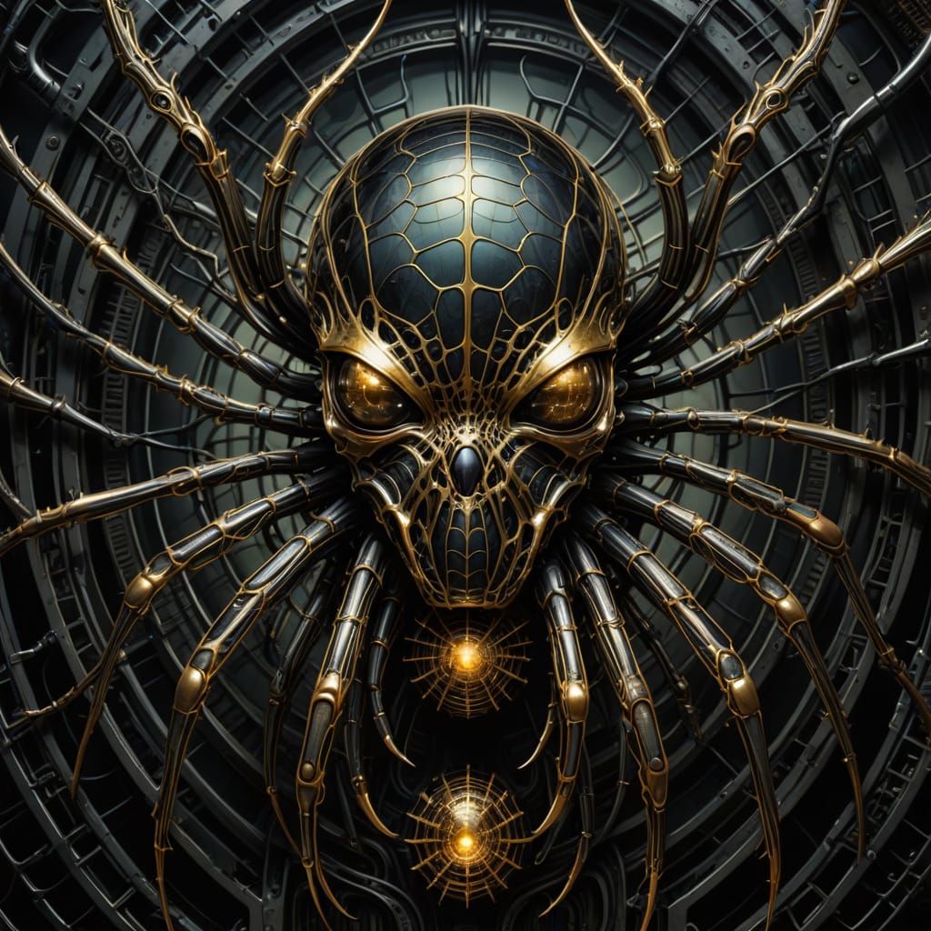 Surreal Black-Gold Spider in Futuristic Biomechanical Style