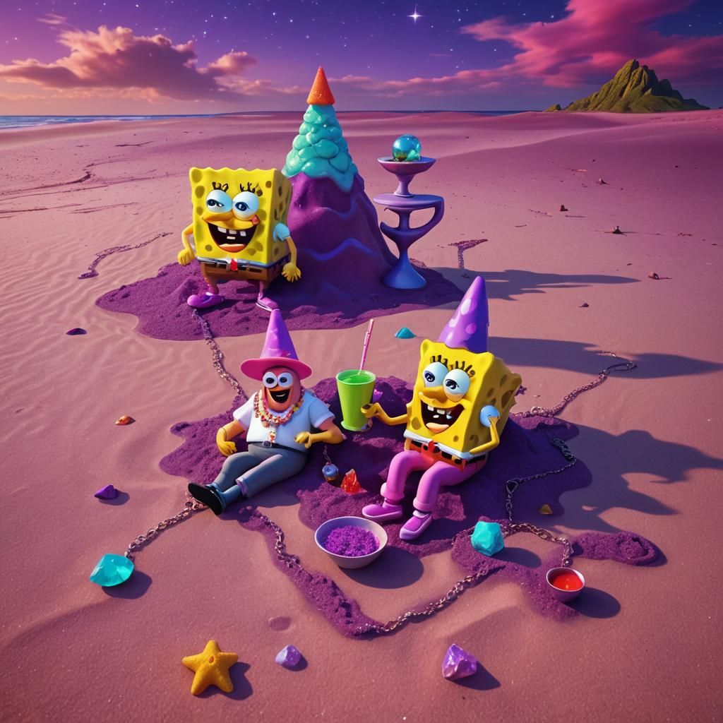 Patrick and SpongeBob on Surreal Neon Beach