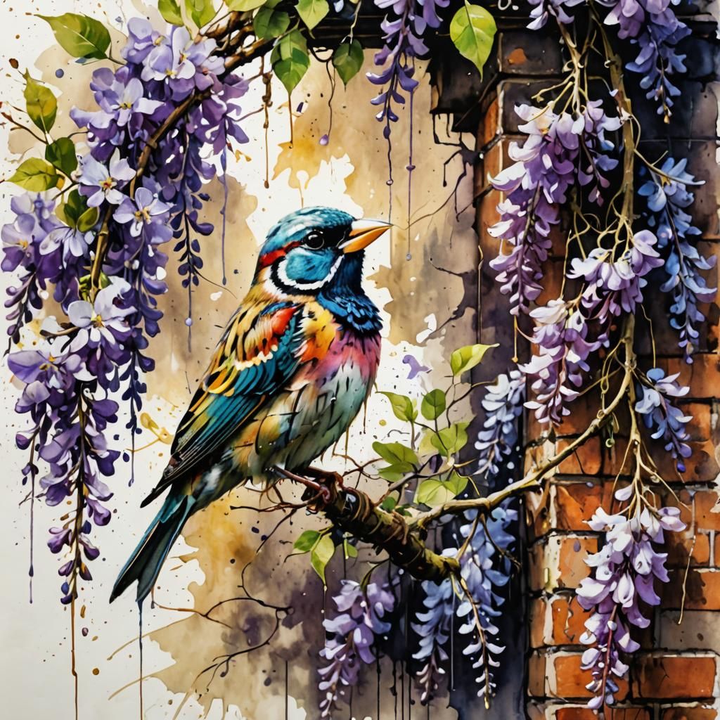 Wisteria-Clad Brick Wall with Finch in Watercolor Splash Art
