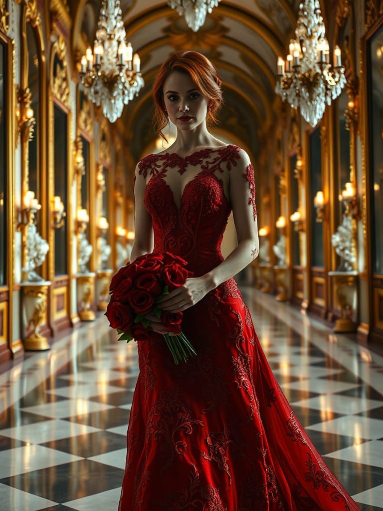 Elegant Redhead Walks Down Grand Hall of Mirrors in Lavish G...