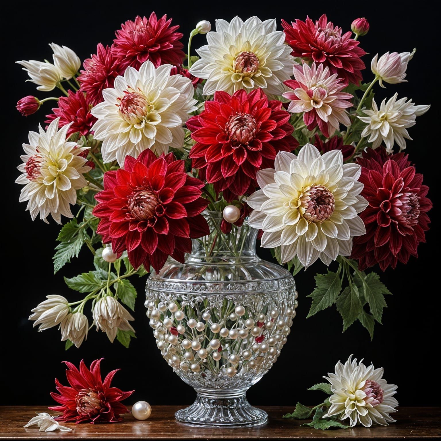 Ornate Glass Vase of Red and White Dahlias