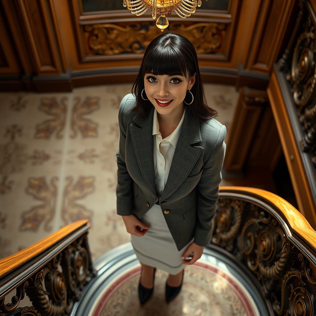Elegant Brunette in Gray Blazer, Luxury Stairway Aesthetic