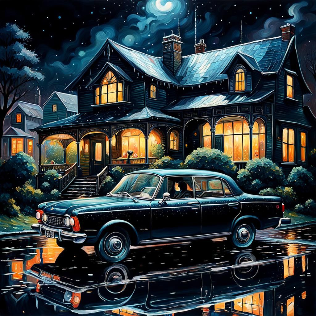 Abstract Water Painting of Car, House and Dog