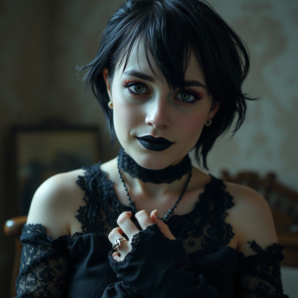 Hyperrealistic Goth Woman in Black Lace