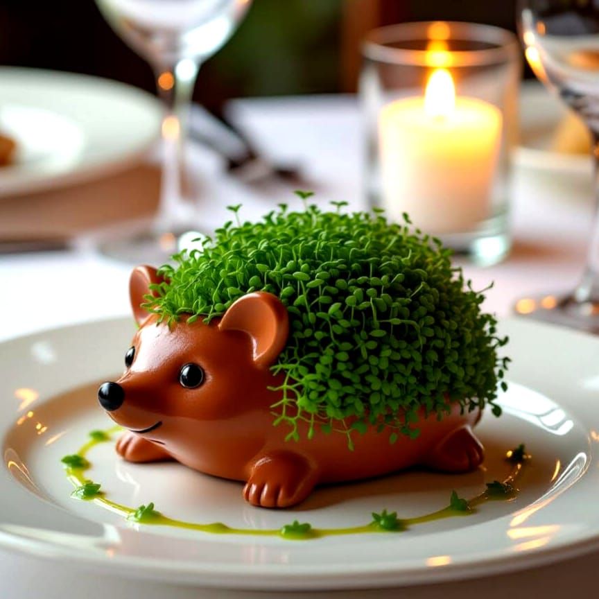 Terracotta Hedgehog with Cress on Romantic Dinner Table