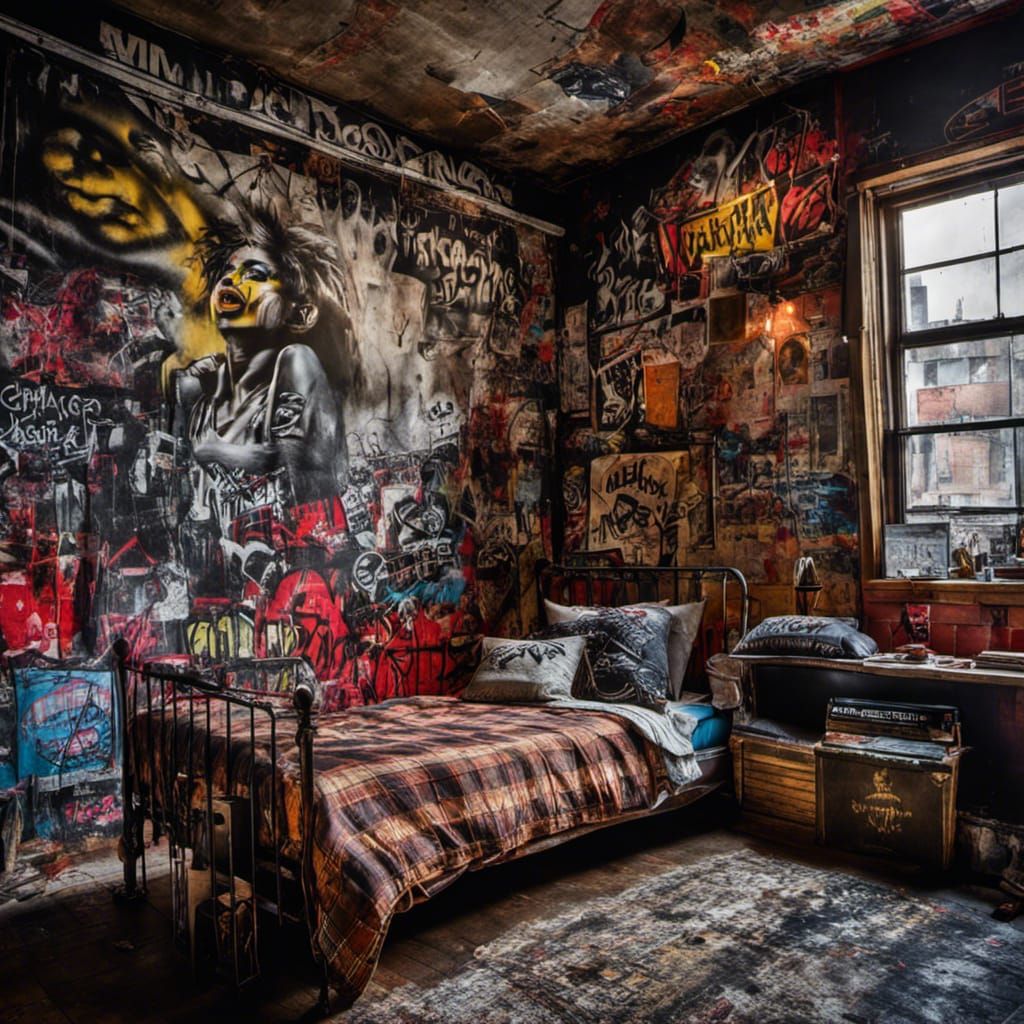 Hyperrealistic Punk Rock Bedroom with Graffiti Walls