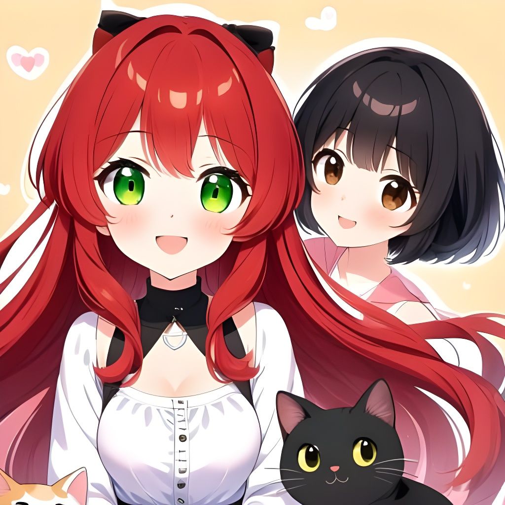 Two Anime Women With Cute Cats, Kawaii Style