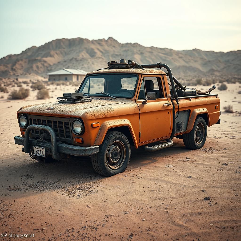 Cyberpunk Pickup Truck Abandoned in Desert Landscape