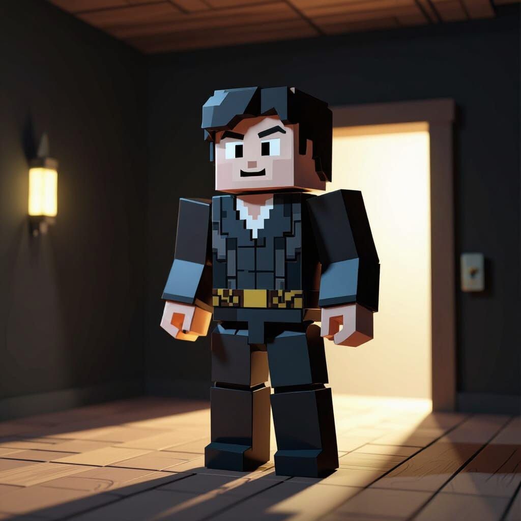 Blocky Character in Dark Room with Glowing Door
