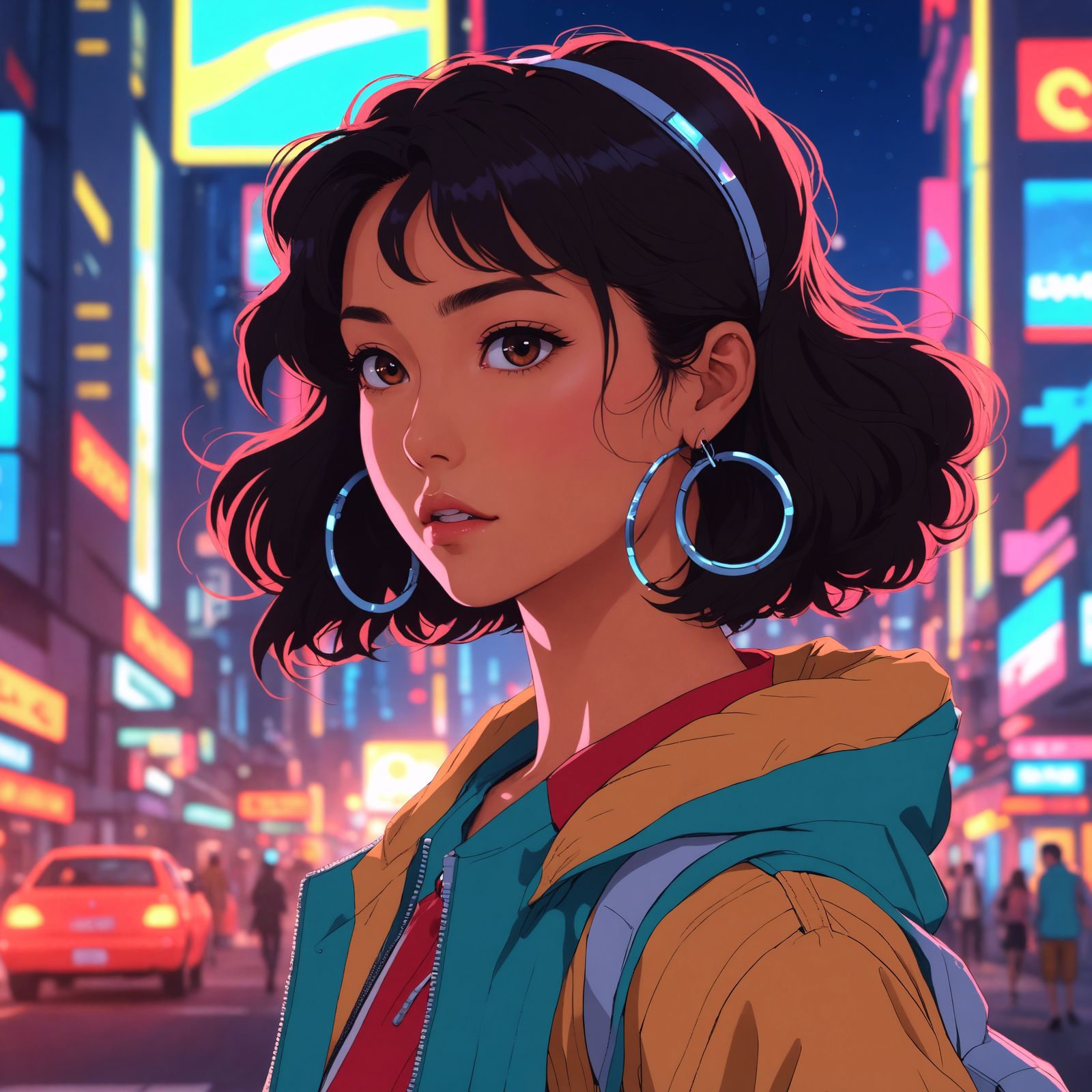 90s Anime Woman in Cyberpunk Cityscape