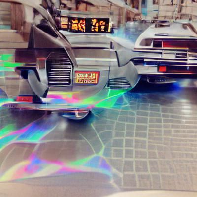 DeLorean Soaring Through Cyberpunk Cityscape