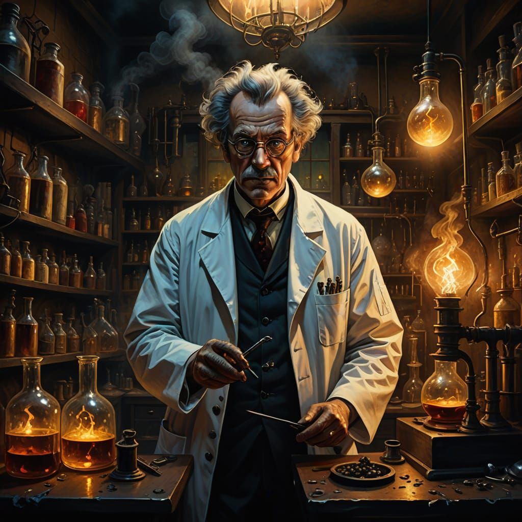 Mad Scientist in Laboratory: Gothic Oil Painting