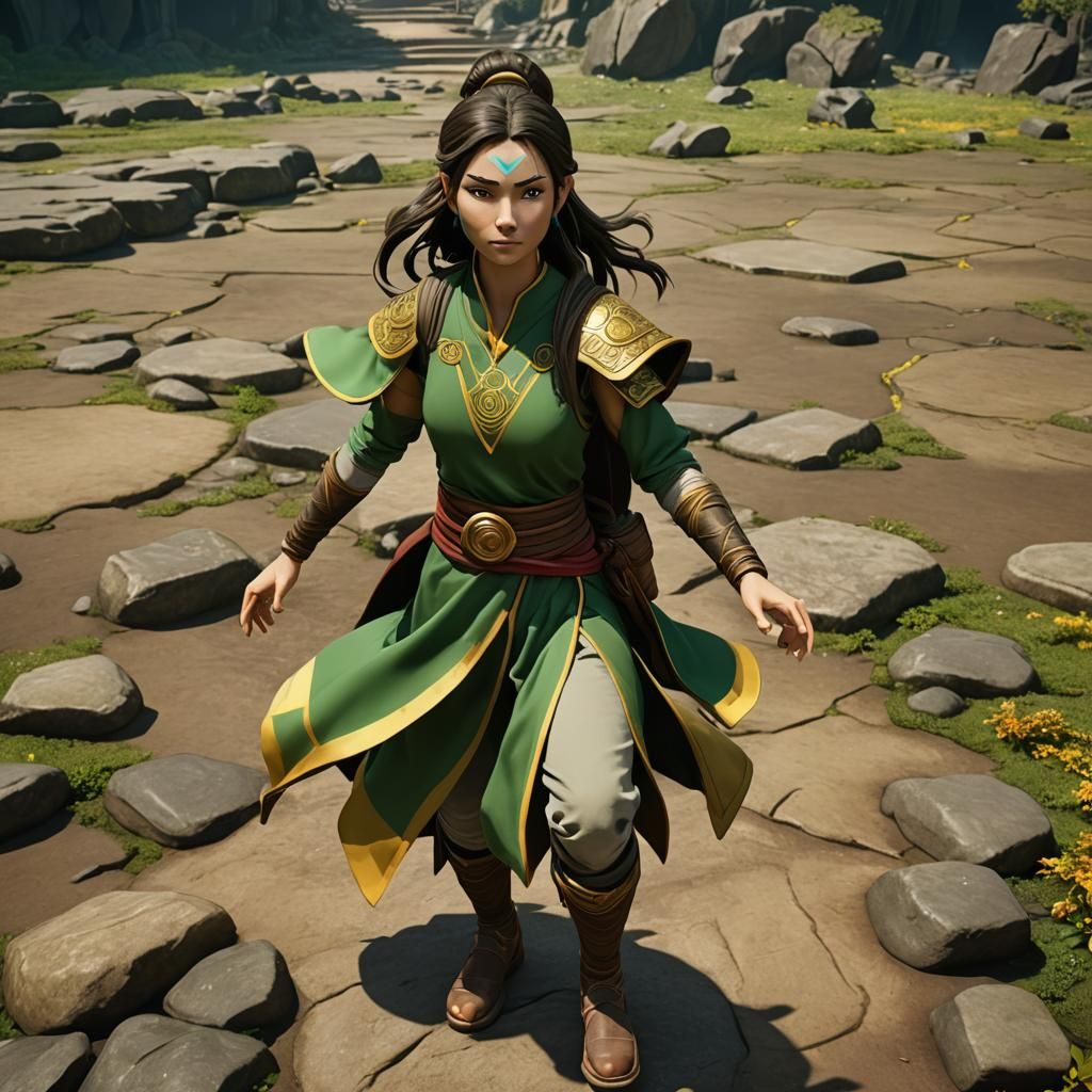 Earthbending Girl in Green and Gold Tunic