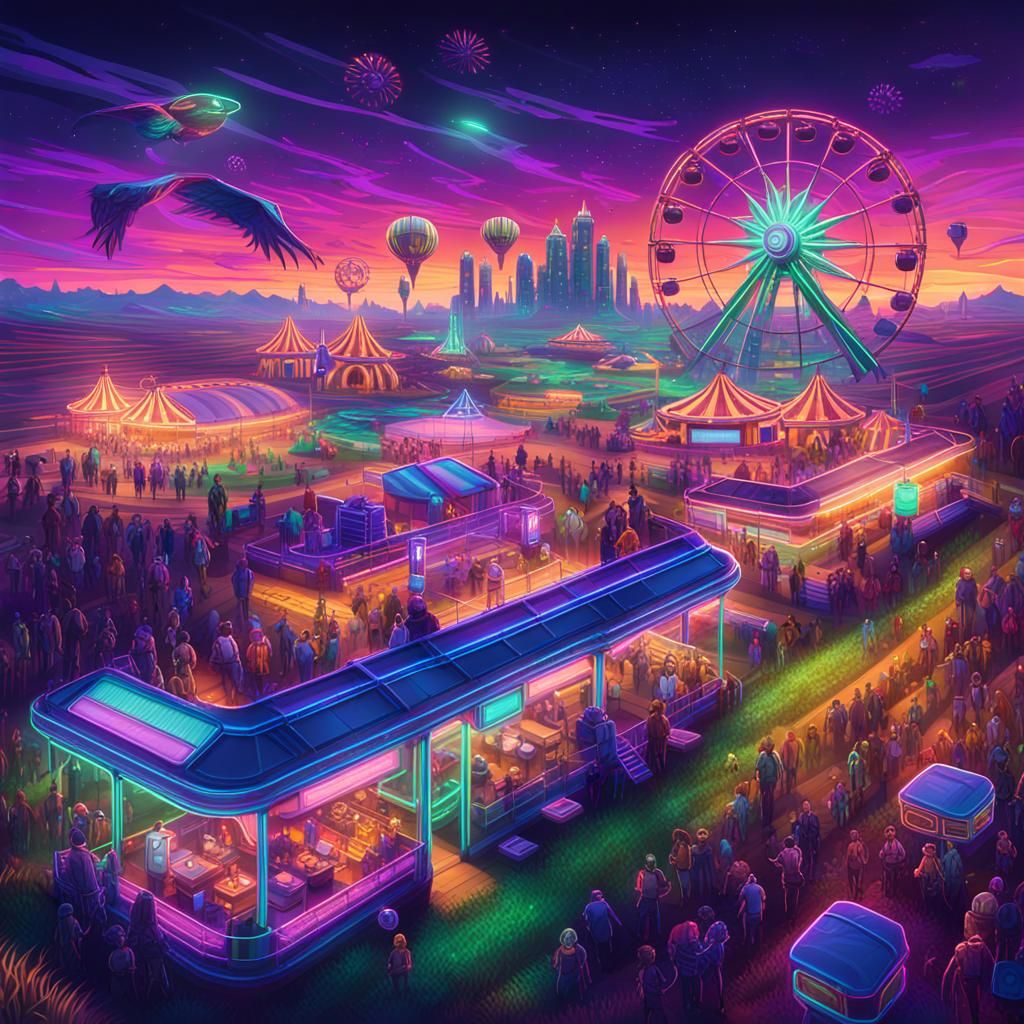 Neon Sci-Fi Carnival Over Cornfield: Digital Art
