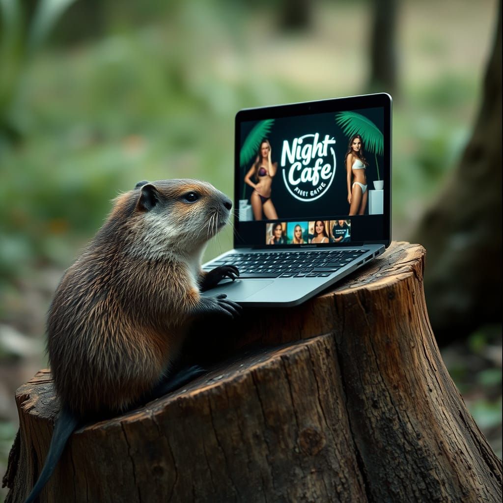 Beaver Working on Laptop Displaying Night Cafe Images