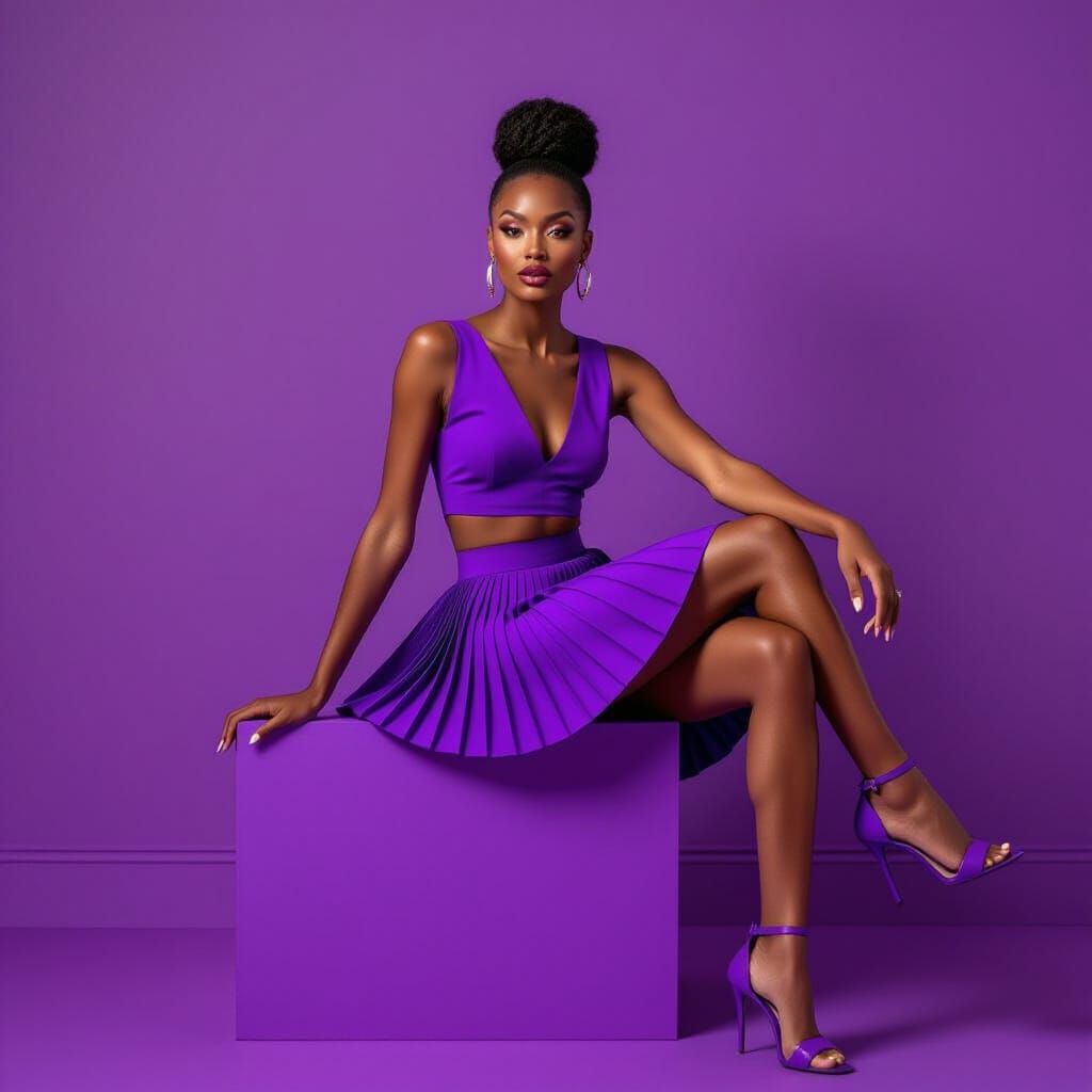Bold Model in Purple Skirt: Photorealistic Fashion Portrait