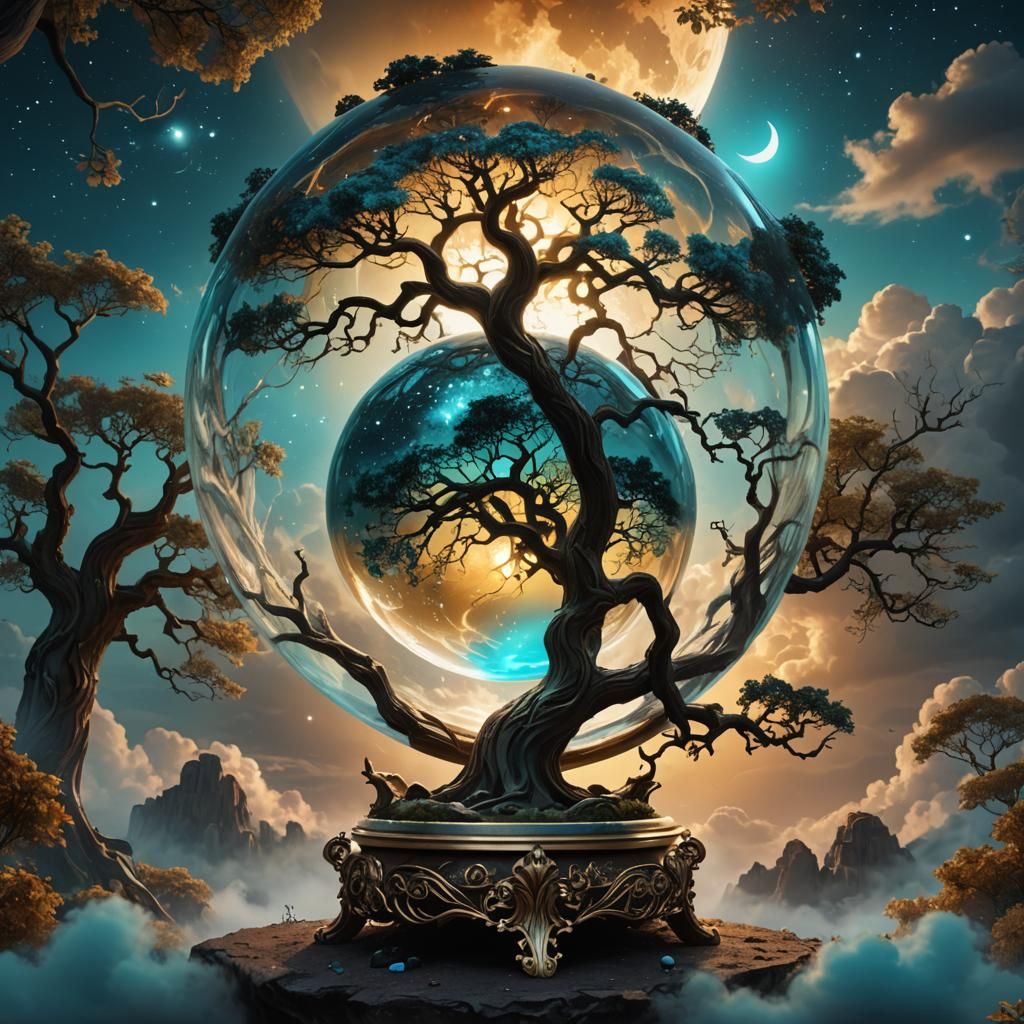 Smoky Crystal Ball with Ancient Tree in Fantasy Art