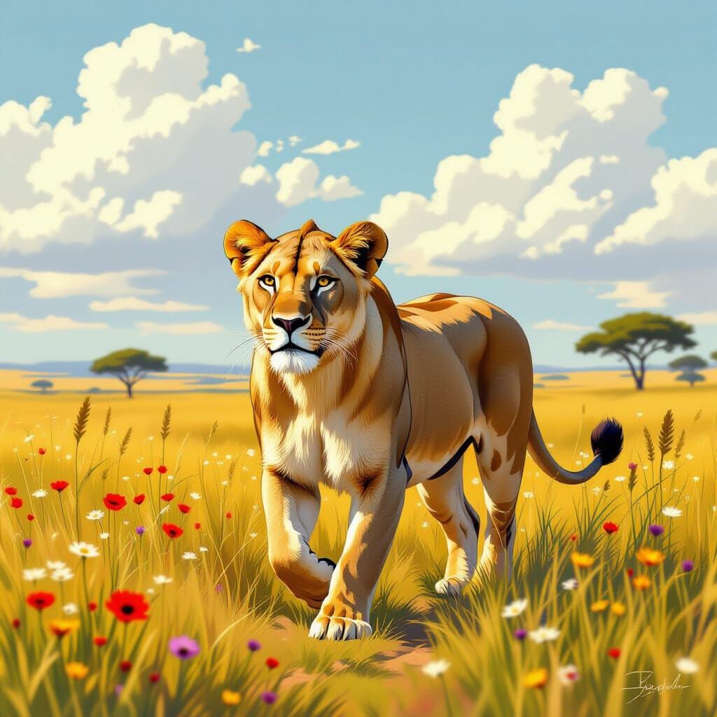 Lioness in Savannah, Painterly Style