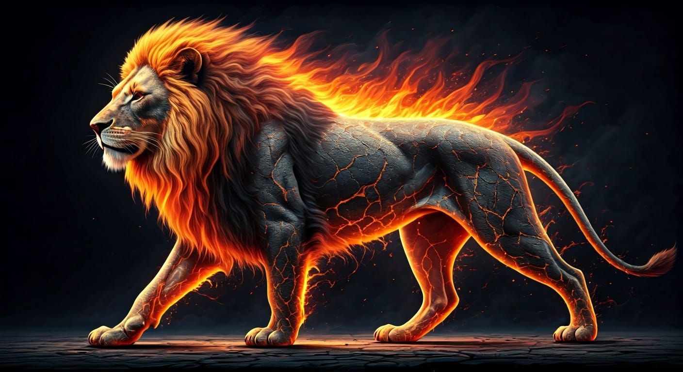 Fiery Lion with Molten Cracks in Digital Art Style