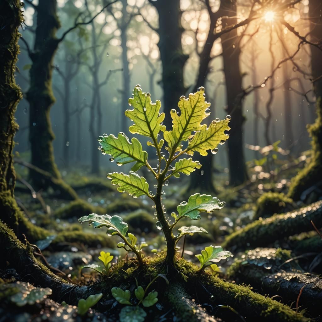 Luminous Oak Sprout Double Exposure Concept Art