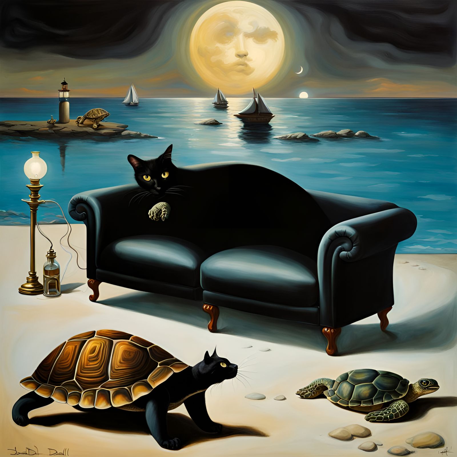 Surreal Cat and Turtle Home Scene in Dali Style