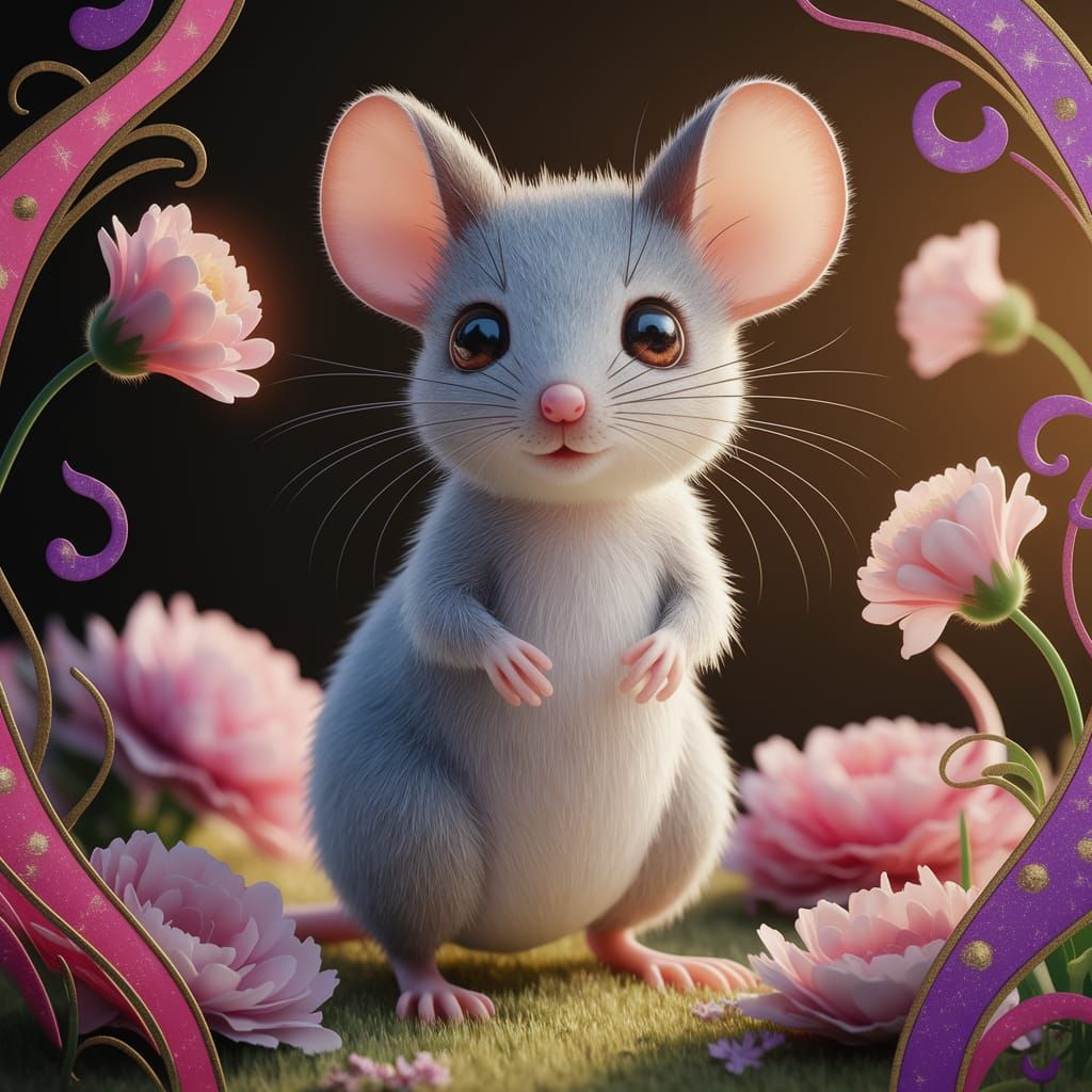Delicate Mouse Amidst Whimsical Flowers in Pastel Hues