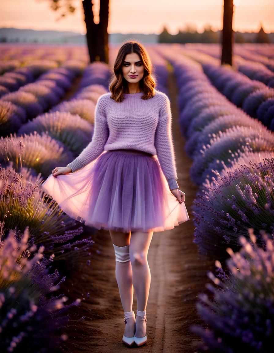 Girl in Tulle Skirt Poses in Lavender Field