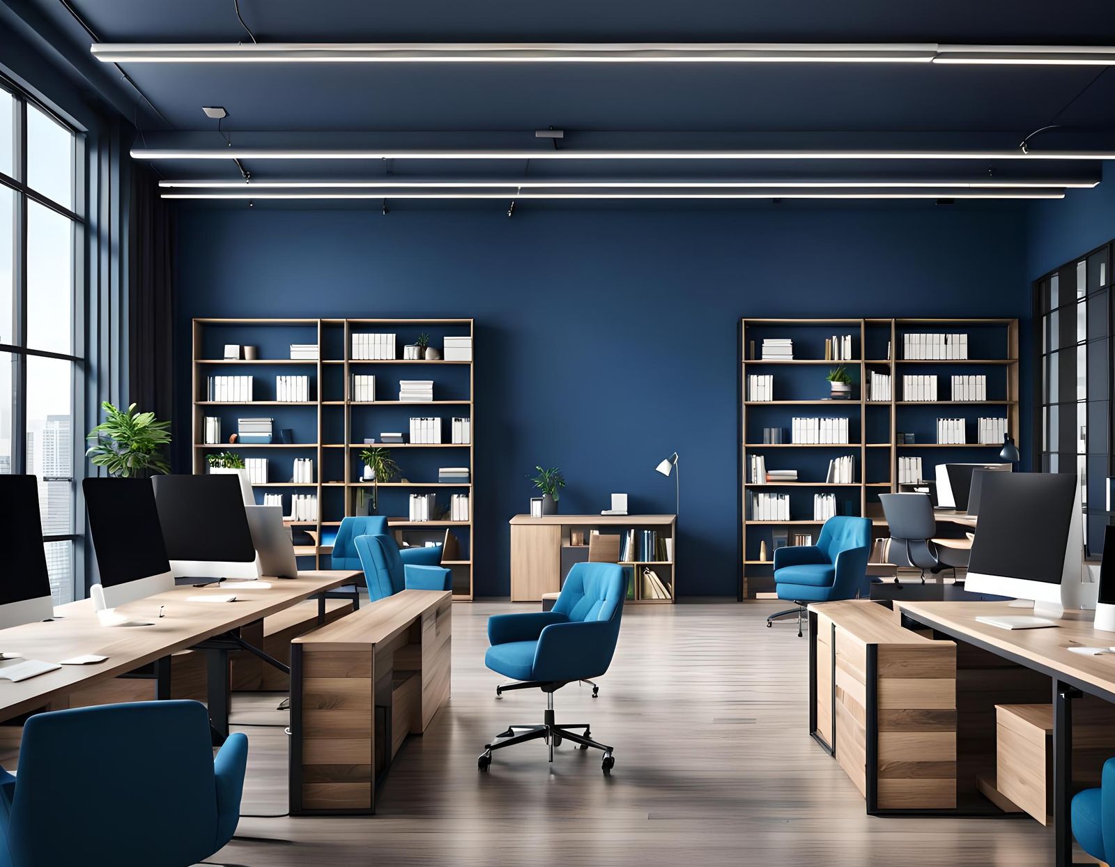 Modern Open Space Office with Blue Accents in 3D