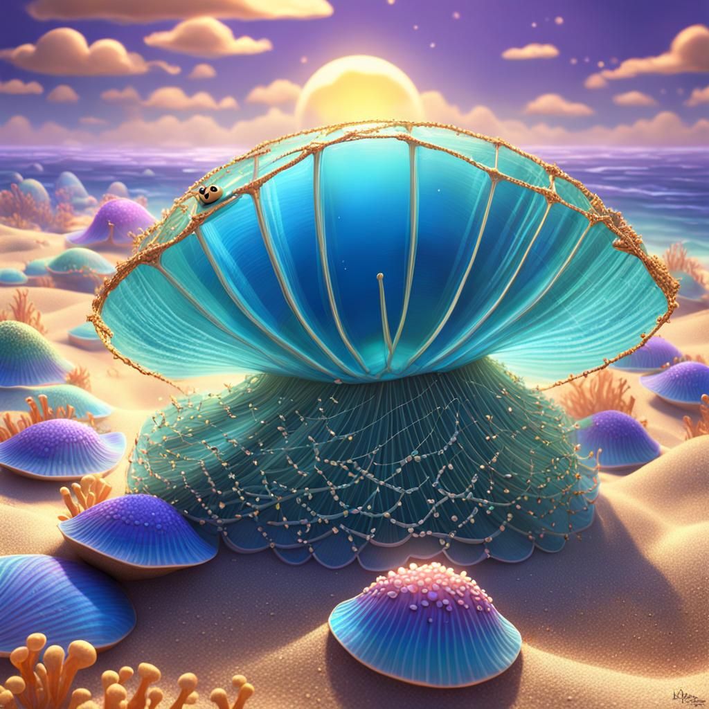 Sparkling Clam Escape on Topaz Sand: 3D Digital Art