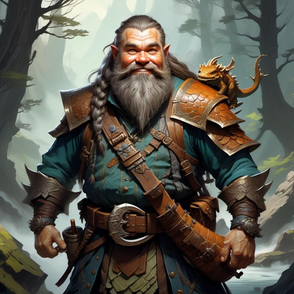 Epic Dwarf-Dragon Bard in Misty Forest