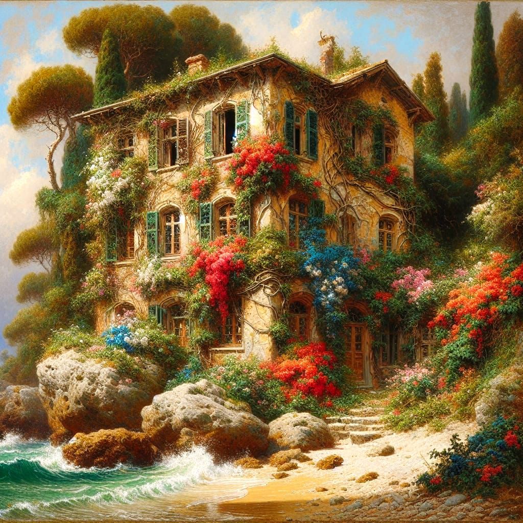 Romantic Cliffside Retreat in Vibrant Oil Painting Style