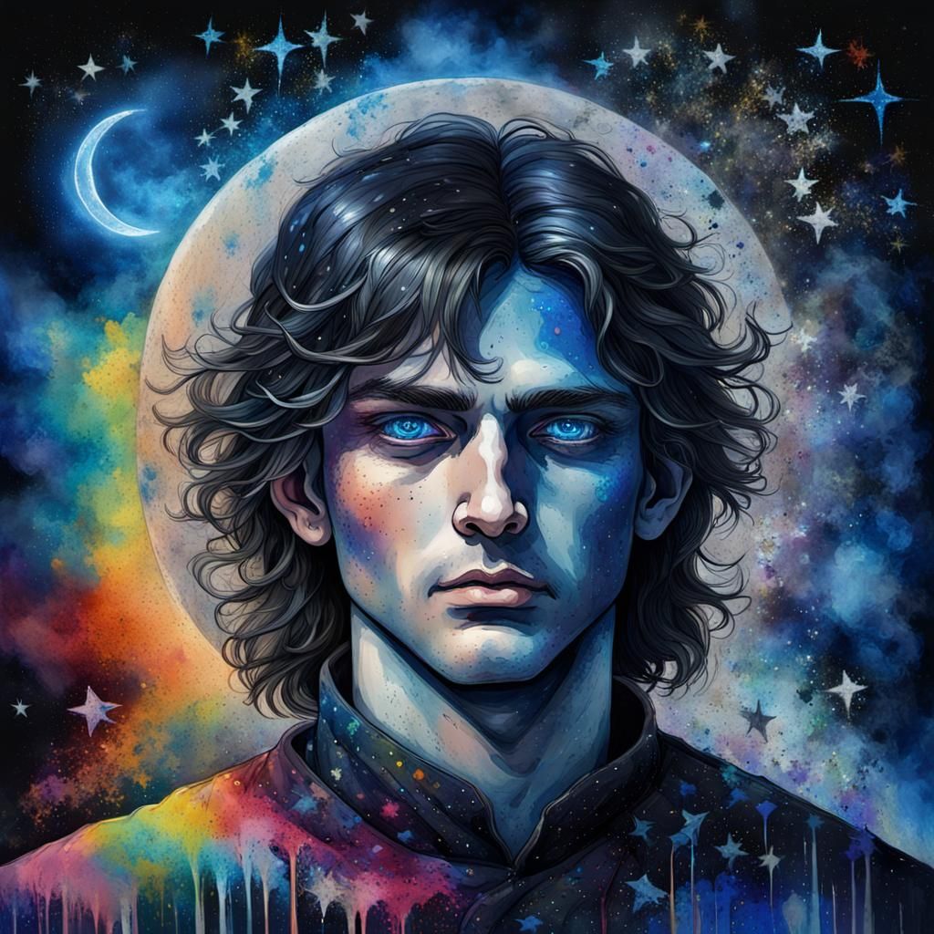 Ethereal Blue-Eyed Lunar Figure in Impressionist Style