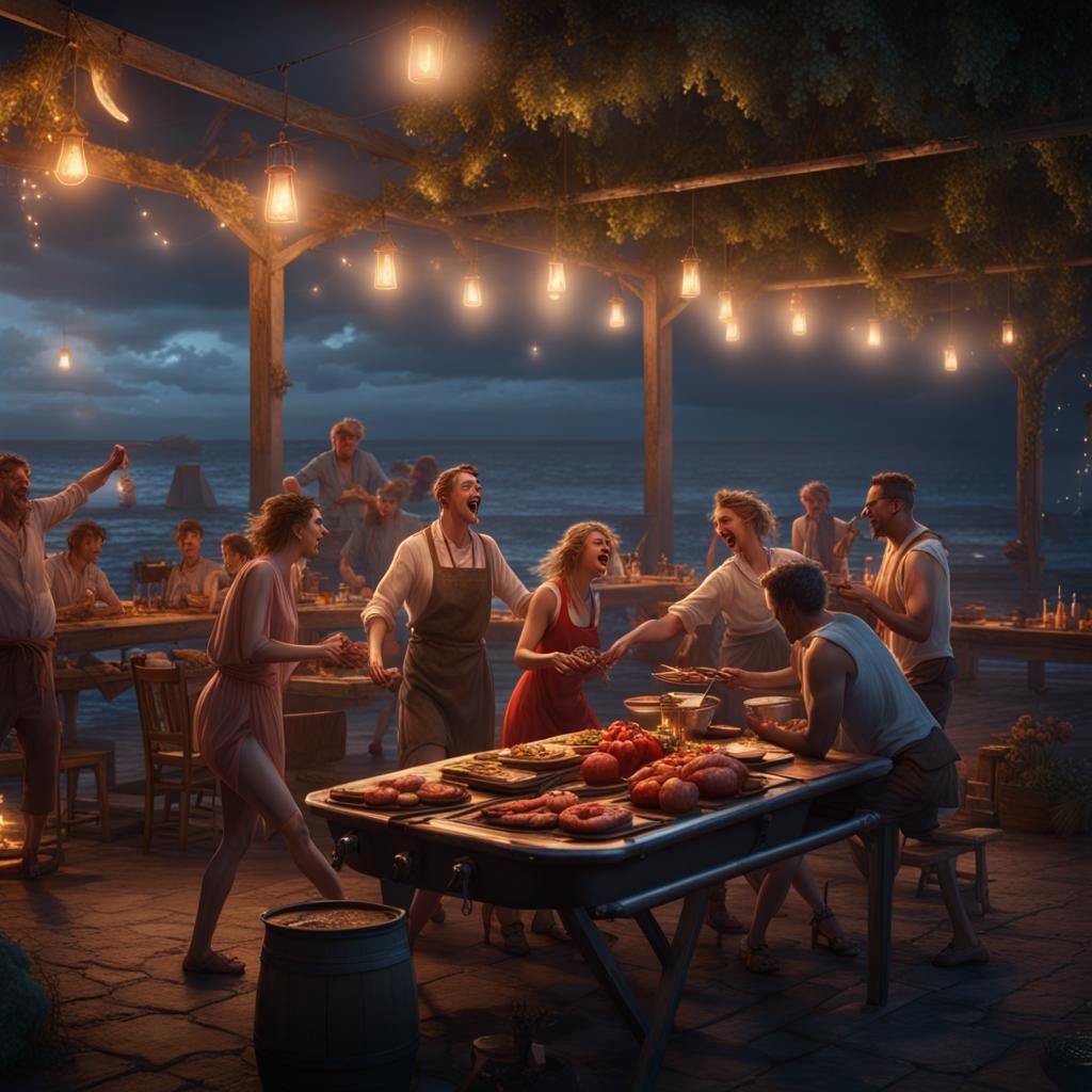 Nighttime Barbecue Party by the Sea