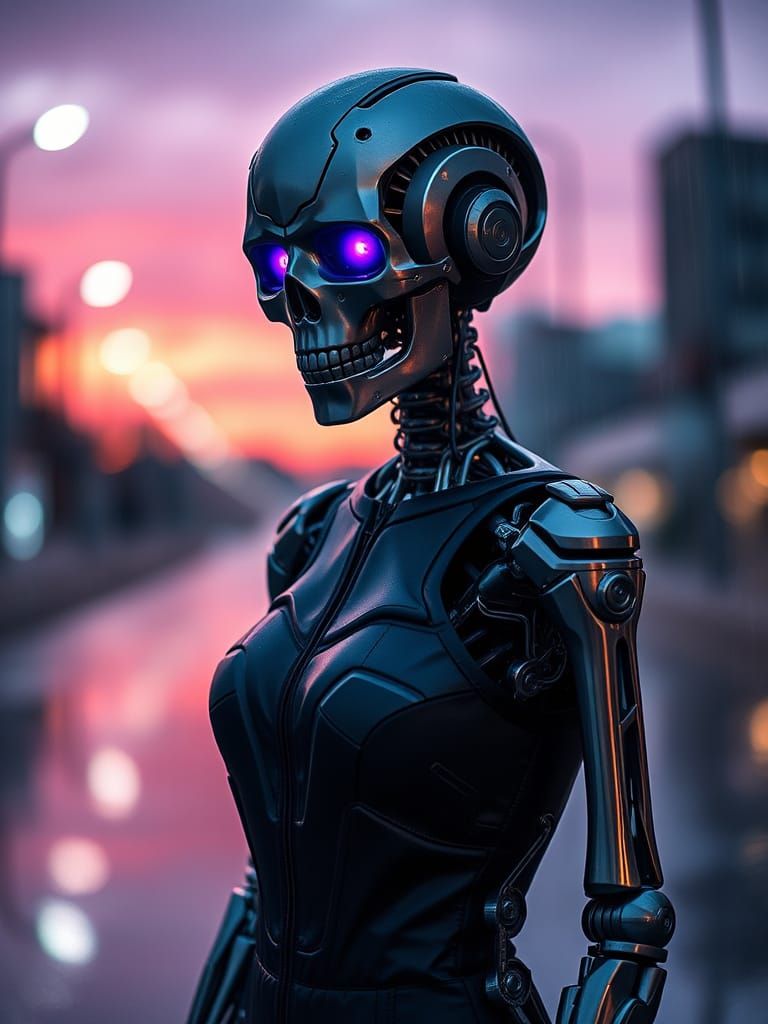 Cybernetic Skeleton with Glowing Purple Eyes