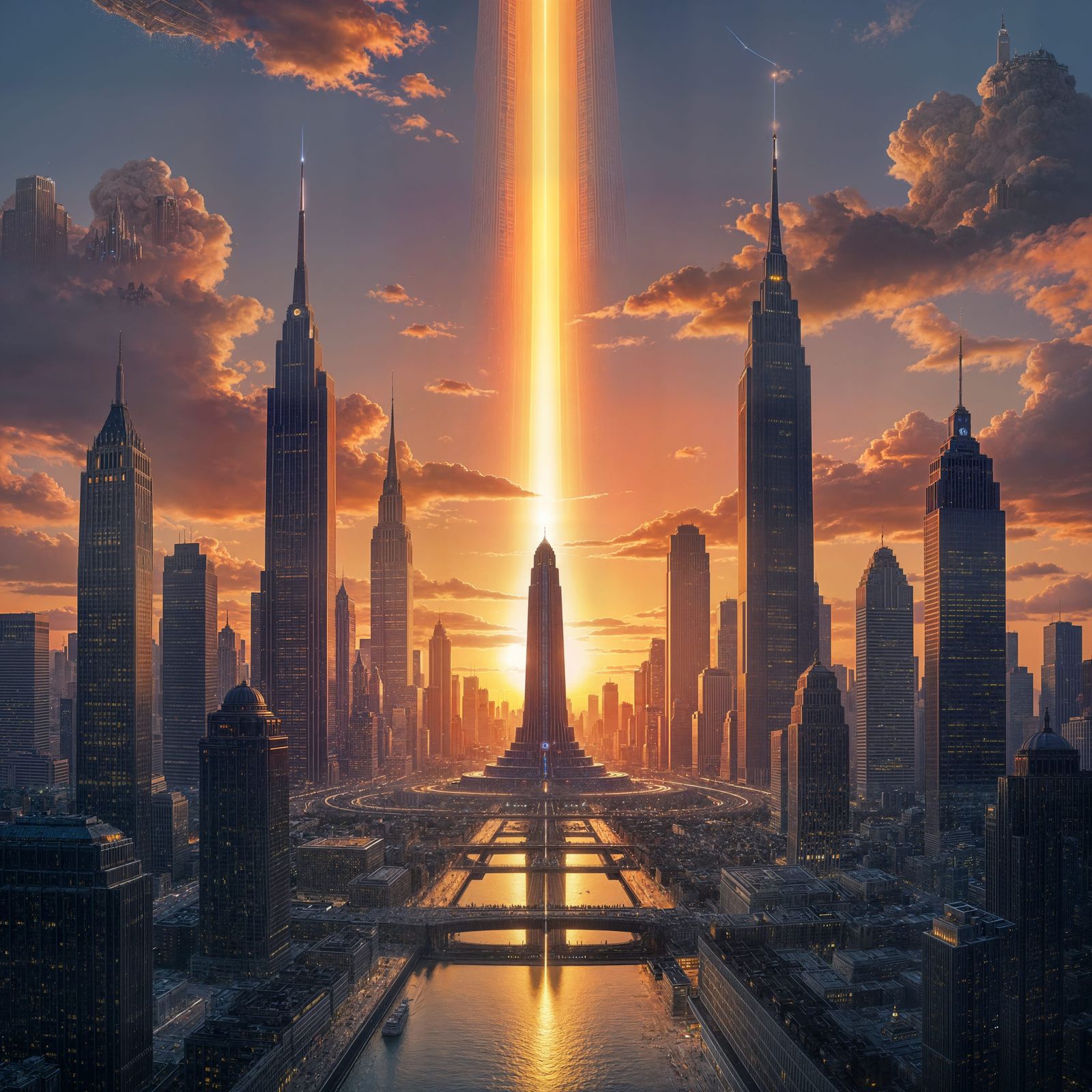 Cityscape with Towering Buildings and Central Beacon