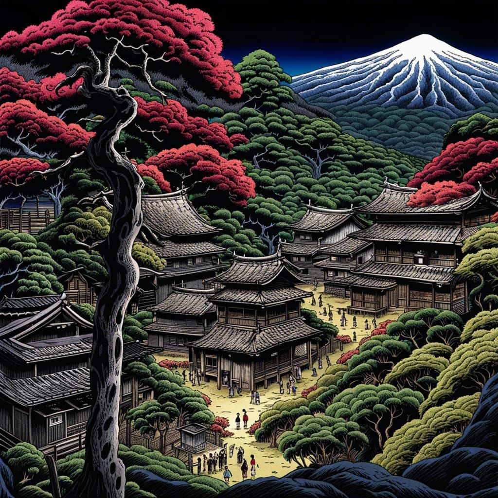 Horror Shadow Monsters in Japanese Village, Anime Style