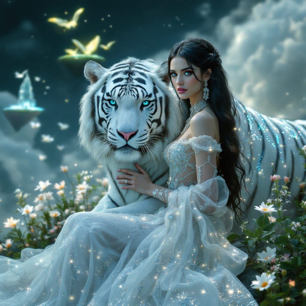 Ethereal Woman with Regal Tiger in Medieval-Futuristic Lands...